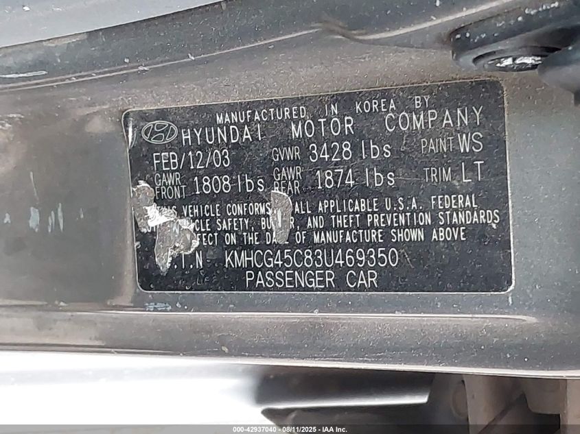 2003 Hyundai Accent Gl VIN: KMHCG45C83U469350 Lot: 42937040
