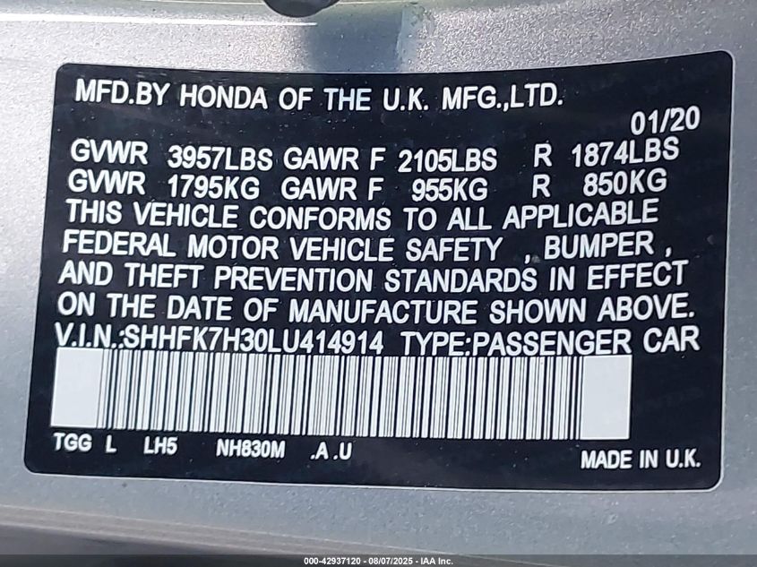 2020 Honda Civic Lx VIN: SHHFK7H30LU414914 Lot: 42937120
