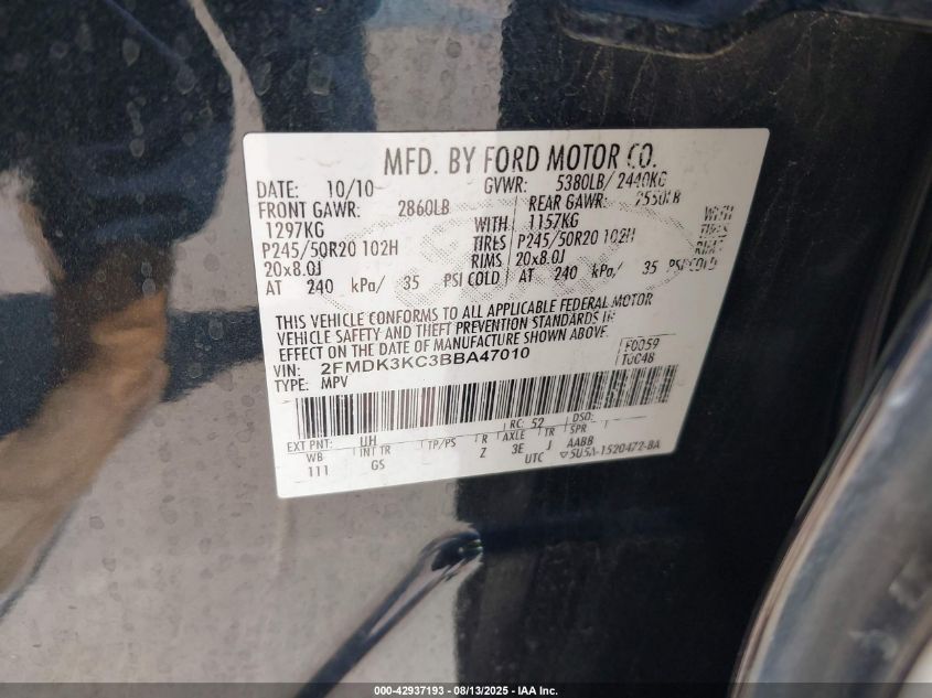 2011 Ford Edge Limited VIN: 2FMDK3KC3BBA47010 Lot: 42937193