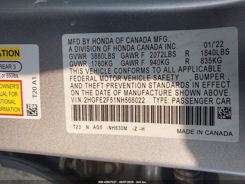 2022 Honda Civic Sport VIN: 2HGFE2F51NH566022 Lot: 42937227