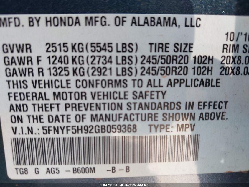 2016 Honda Pilot Touring VIN: 5FNYF5H92GB059368 Lot: 42937307