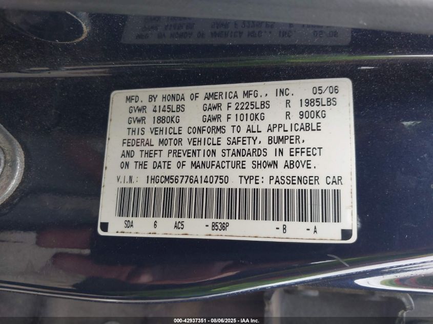 2006 Honda Accord 2.4 Ex VIN: 1HGCM56776A140750 Lot: 42937351