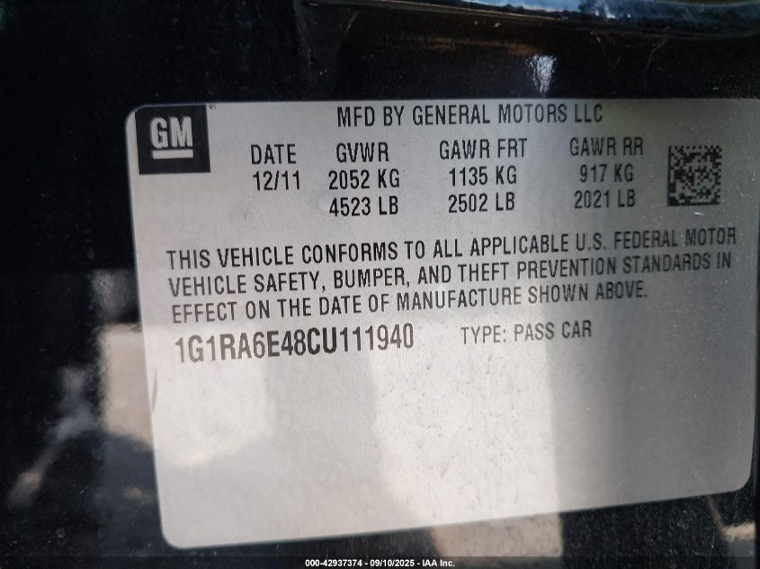 2012 Chevrolet Volt VIN: 1G1RA6E48CU111940 Lot: 42937374