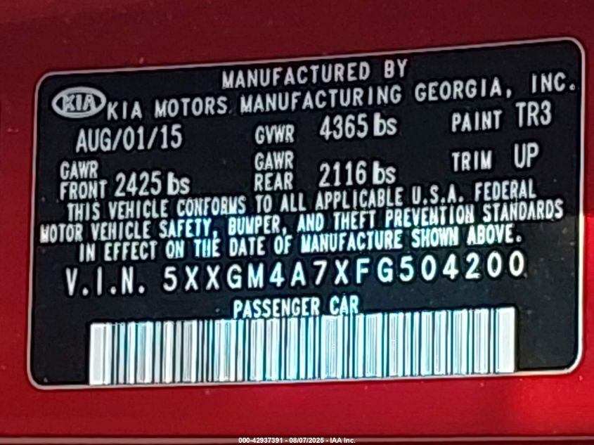 2015 Kia Optima Lx VIN: 5XXGM4A7XFG504200 Lot: 42937391