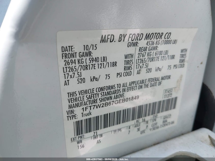 2016 Ford F-250 Xl VIN: 1FT7W2B67GEB01849 Lot: 42937563
