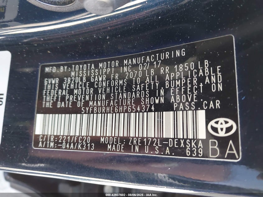 2017 Toyota Corolla Se VIN: 5YFBURHE6HP654374 Lot: 42937602