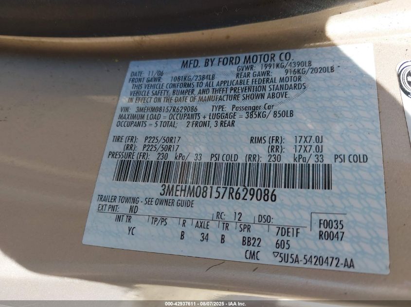 2007 Mercury Milan V6 Premier VIN: 3MEHM08157R629086 Lot: 42937611