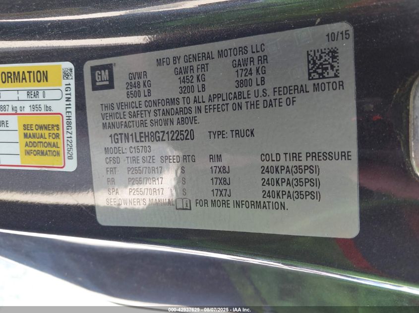 2016 GMC Sierra 1500 VIN: 1GTN1LEH8GZ122520 Lot: 42937629