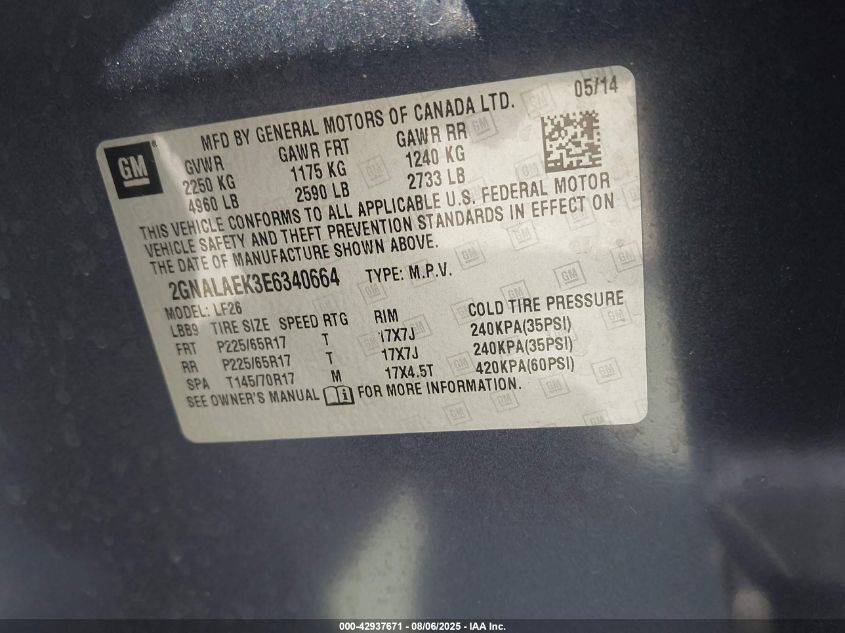 2014 Chevrolet Equinox Ls VIN: 2GNALAEK3E6340664 Lot: 42937671