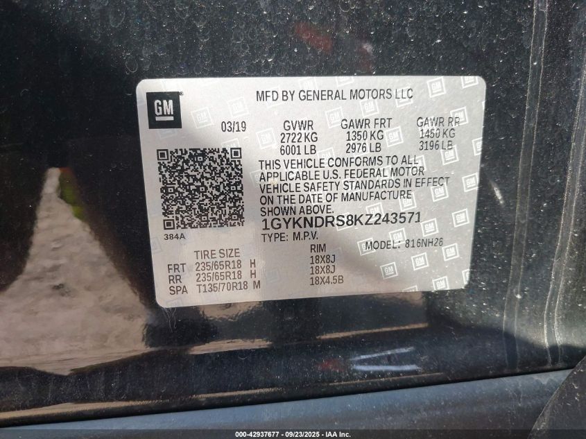 2019 Cadillac Xt5 Luxury VIN: 1GYKNDRS8KZ243571 Lot: 42937677