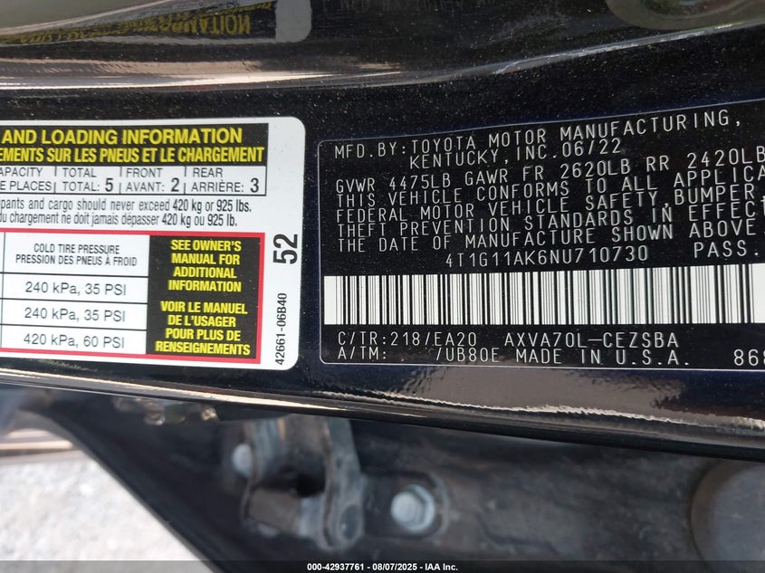 2022 Toyota Camry Se VIN: 4T1G11AK6NU710730 Lot: 42937761