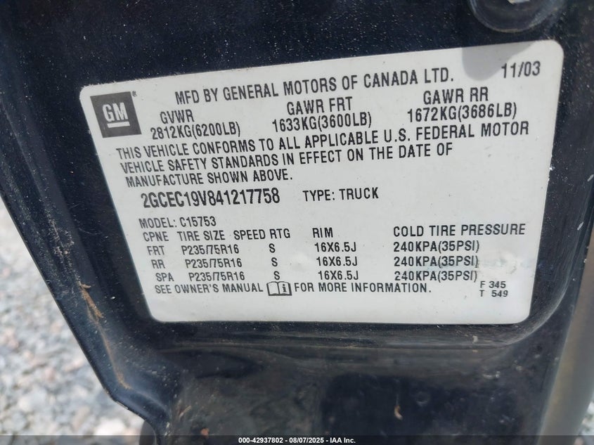 2004 Chevrolet Silverado C1500 VIN: 2GCEC19V841217758 Lot: 42937802