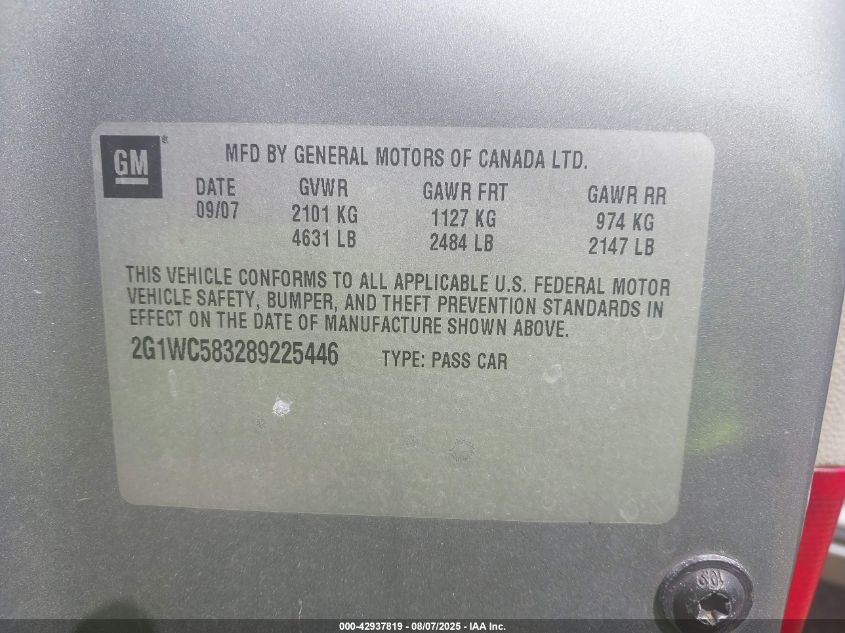 2008 Chevrolet Impala Lt VIN: 2G1WC583289225446 Lot: 42937819