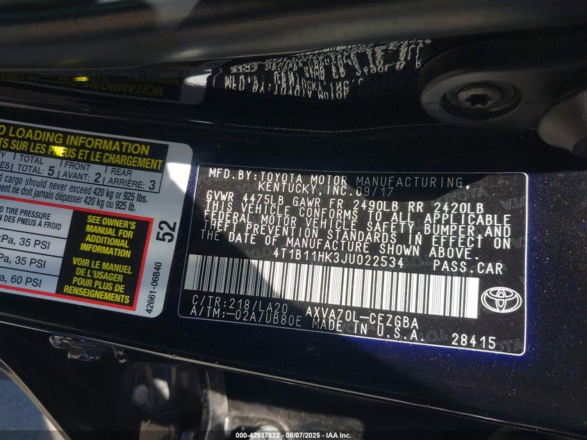 2018 Toyota Camry Le VIN: 4T1B11HK3JU022535 Lot: 42937822