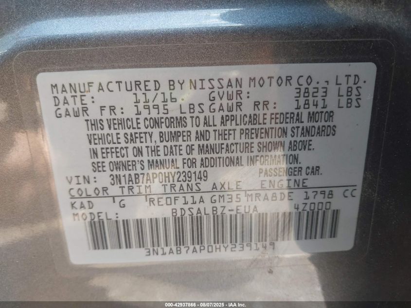 2017 Nissan Sentra S VIN: 3N1AB7AP0HY239149 Lot: 42937866