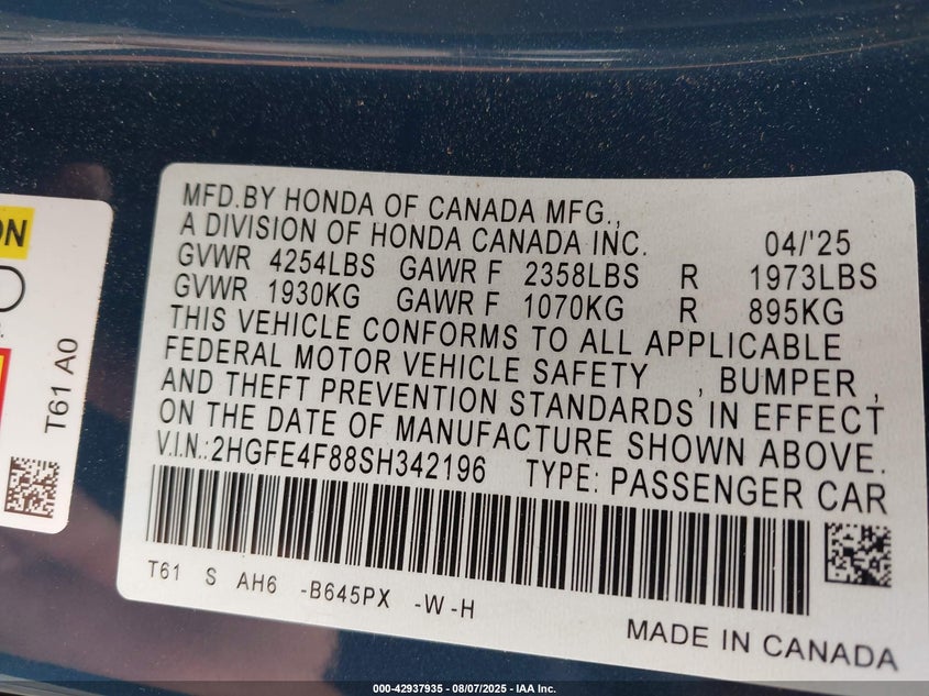 2025 HONDA CIVIC HYBRID SPORT/SPORT TOURING - 2HGFE4F88SH342196