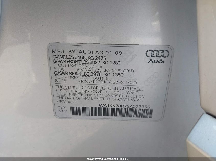 2009 Audi Q5 3.2 Premium VIN: WA1KK78R79A023355 Lot: 42937994