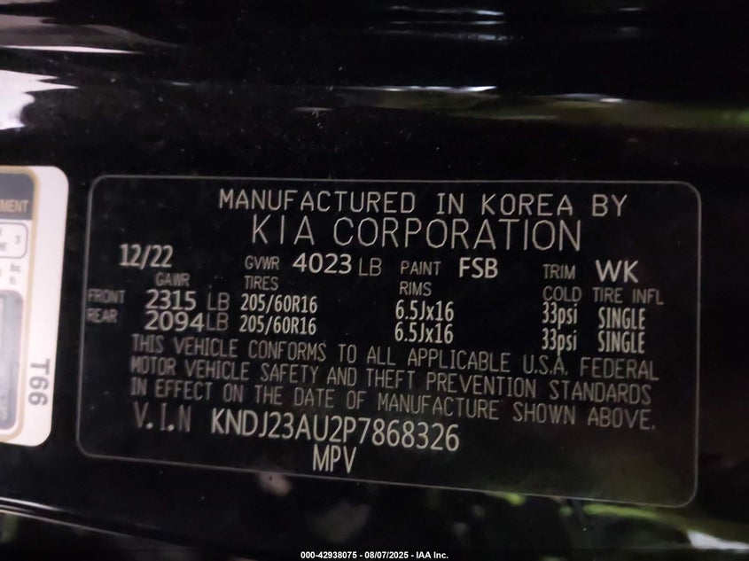 2023 Kia Soul Lx VIN: KNDJ23AU2P7868326 Lot: 42938075