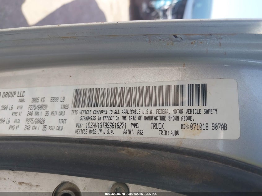 2009 Dodge Ram 1500 Slt/Sport/Trx VIN: 1D3HV13T99S818271 Lot: 42938078