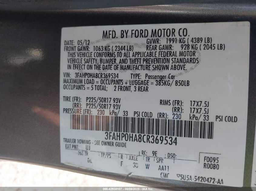 2012 Ford Fusion Se VIN: 3FAHP0HA8CR369534 Lot: 42938107