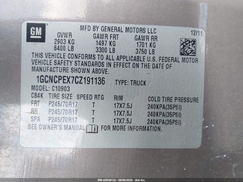 2012 Chevrolet Silverado 1500 Work Truck VIN: 1GCNCPEX7CZ191136 Lot: 42938132