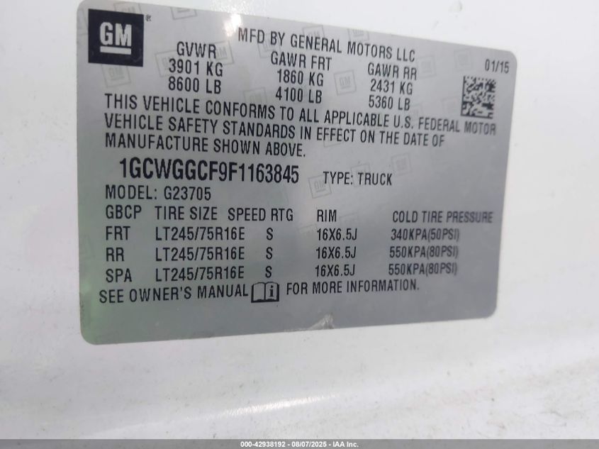 2015 Chevrolet Express 2500 Work Van VIN: 1GCWGGCF9F1163845 Lot: 42938192