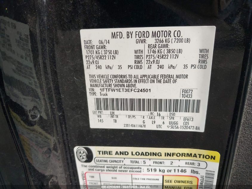 2014 Ford F-150 Fx4/King Ranch/Lariat/Limited/Platinum/Xl/Xlt VIN: 1FTFW1ET3EFT24501 Lot: 42938269