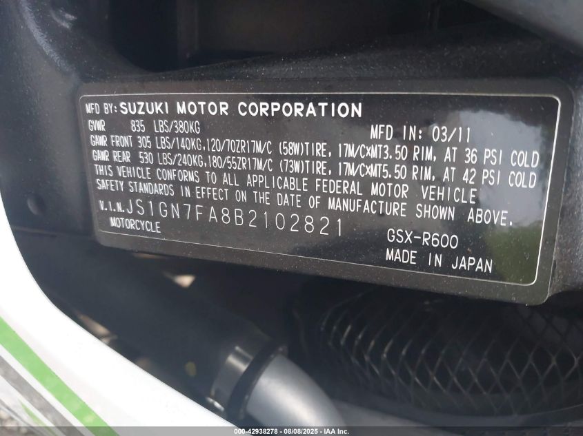 2011 Suzuki Gsx-R600 VIN: JS1GN7FA8B2102821 Lot: 42938278