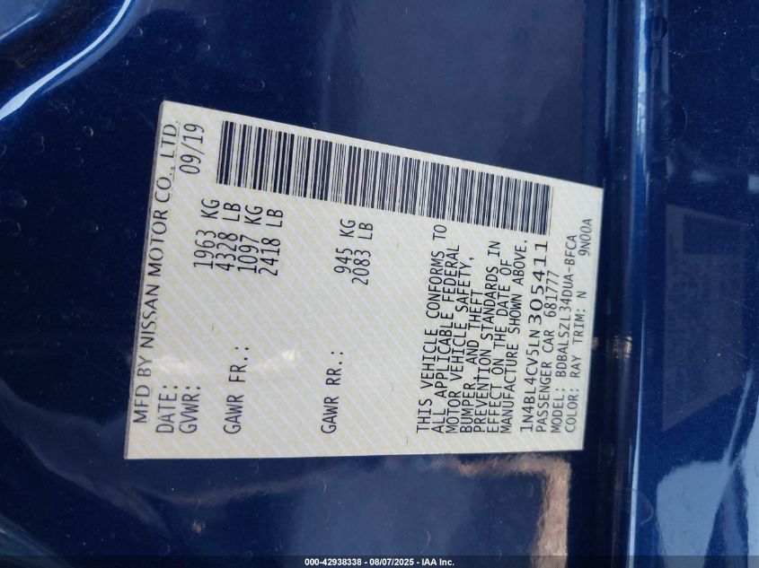 2020 Nissan Altima Sr Fwd VIN: 1N4BL4CV5LN305411 Lot: 42938338