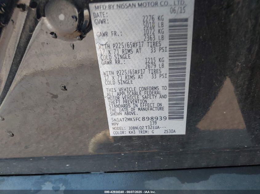 2015 Nissan Rogue Sv VIN: 5N1AT2MK5FC898939 Lot: 42938348