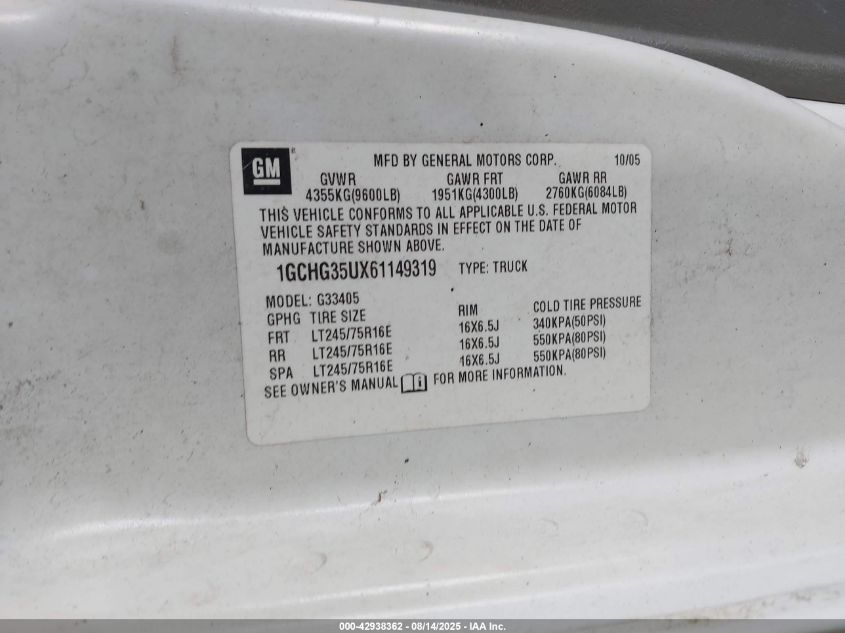 2006 Chevrolet Express Work Van VIN: 1GCHG35UX61149319 Lot: 42938362