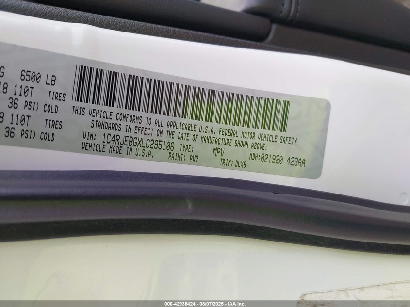 2020 Jeep Grand Cherokee Limited 4X2 VIN: 1C4RJEBGXLC295106 Lot: 42938424