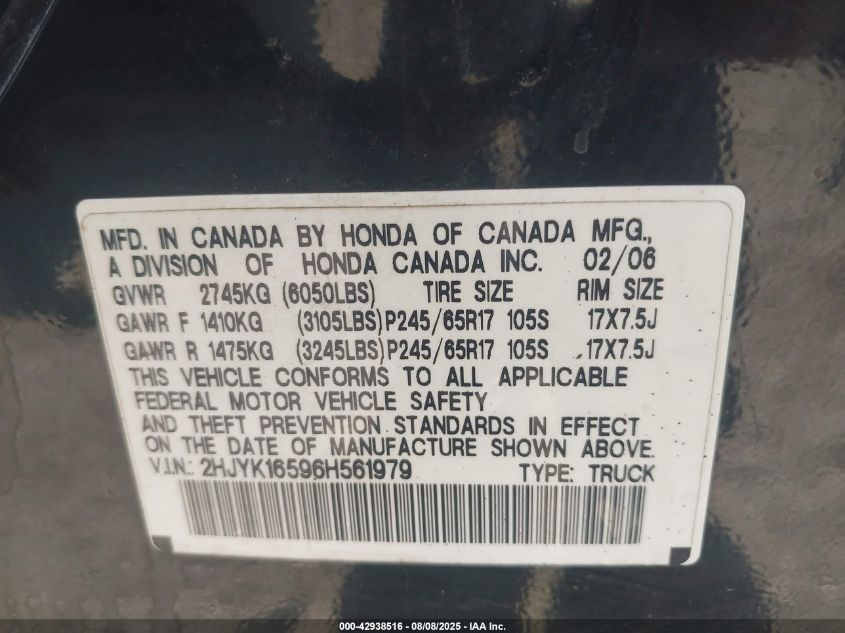 2006 Honda Ridgeline Rtl VIN: 2HJYK16596H561979 Lot: 42938516