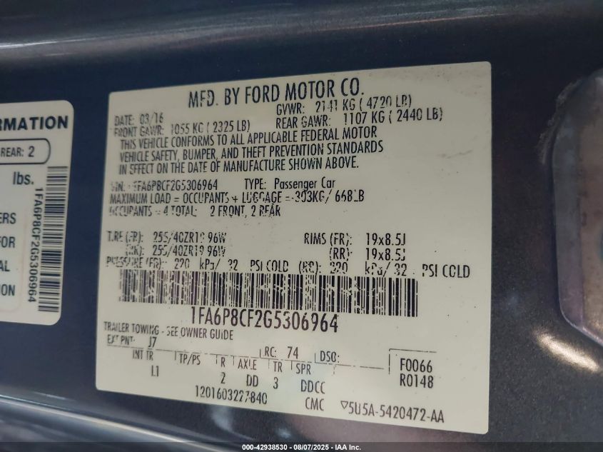 2016 Ford Mustang Gt Premium VIN: 1FA6P8CF2G5306964 Lot: 42938530