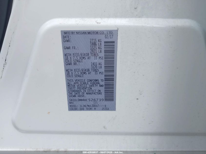 2017 Infiniti Qx60 VIN: 5N1DL0MM4HC526739 Lot: 42938537