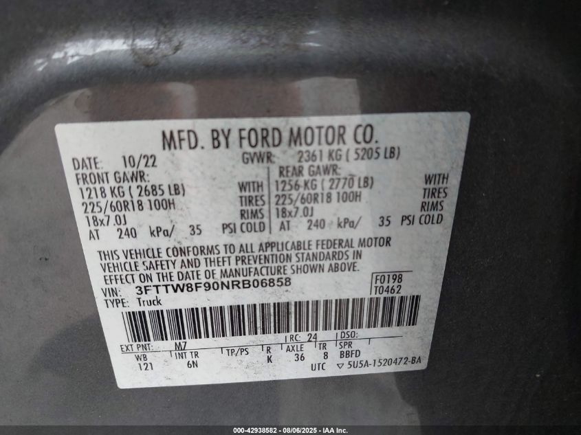 2022 Ford Maverick Lariat VIN: 3FTTW8F90NRB06858 Lot: 42938582