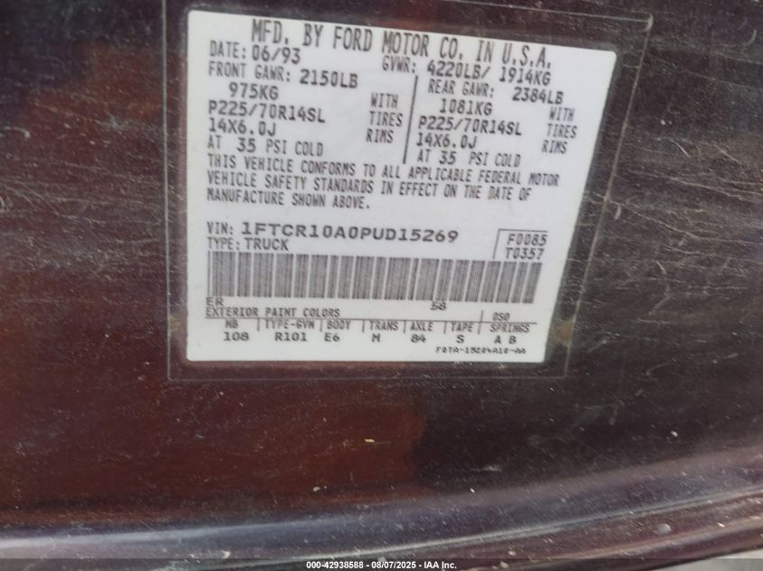 1993 Ford Ranger VIN: 1FTCR10A0PUD15269 Lot: 42938588