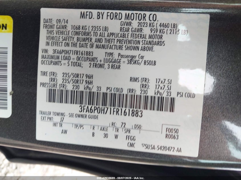 2015 Ford Fusion Se VIN: 3FA6P0H71FR161883 Lot: 42938689