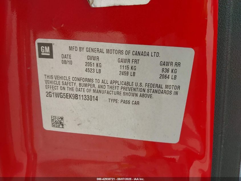 2011 Chevrolet Impala Lt VIN: 2G1WG5EK9B1133014 Lot: 42938721