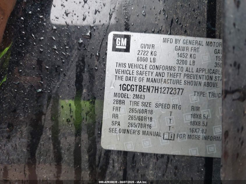 2017 Chevrolet Colorado Wt VIN: 1GCGTBEN7H1272377 Lot: 42938839