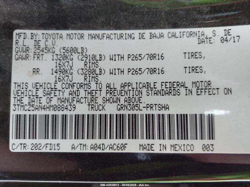 2017 Toyota Tacoma Trd Off Road VIN: 3TMCZ5AN4HM088439 Lot: 42938913