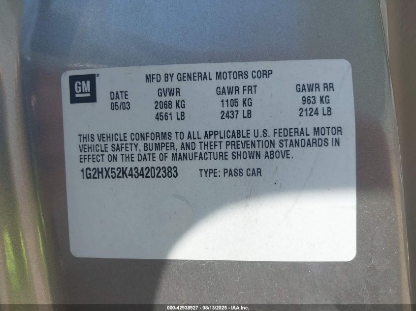 2003 Pontiac Bonneville Se VIN: 1G2HX52K434202383 Lot: 42938927