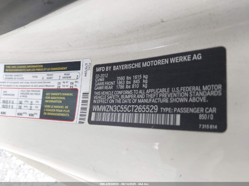 2012 Mini Cooper VIN: WMWZN3C55CT265529 Lot: 42938930