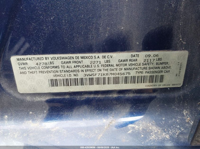 2007 Volkswagen Jetta 2.5 VIN: 3VWSF71K87M045675 Lot: 42939056