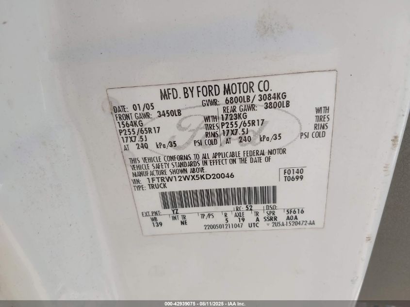 2005 Ford F-150 Xlt VIN: 1FTRW12WX5KD20046 Lot: 42939075