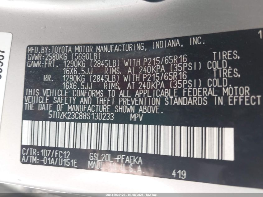 2008 Toyota Sienna Le VIN: 5TDZK23C88S130233 Lot: 42939123