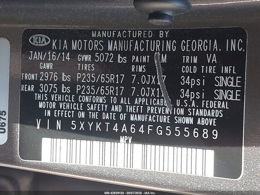 2015 Kia Sorento Lx VIN: 5XYKT4A64FG555689 Lot: 42939154