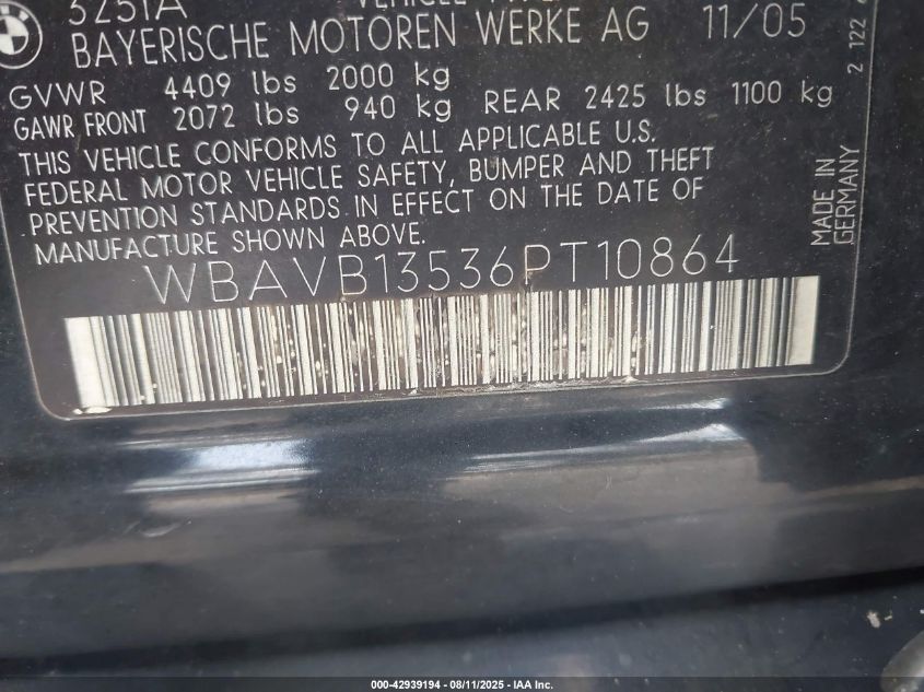 2006 BMW 325 I VIN: WBAVB13536PT10864 Lot: 42939194