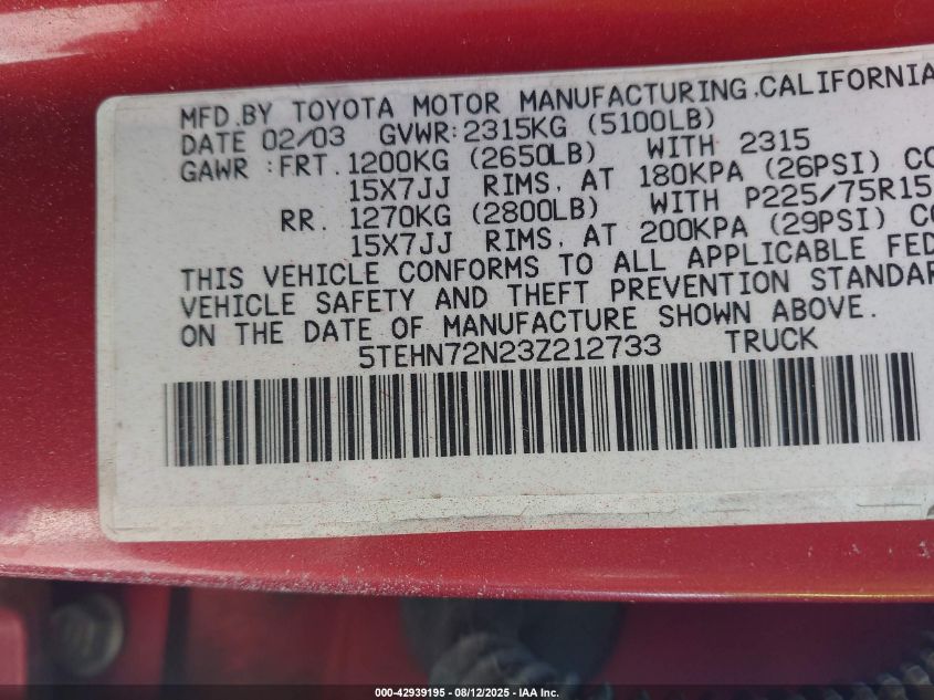 2003 Toyota Tacoma Base V6 VIN: 5TEHN72N23Z212733 Lot: 42939195
