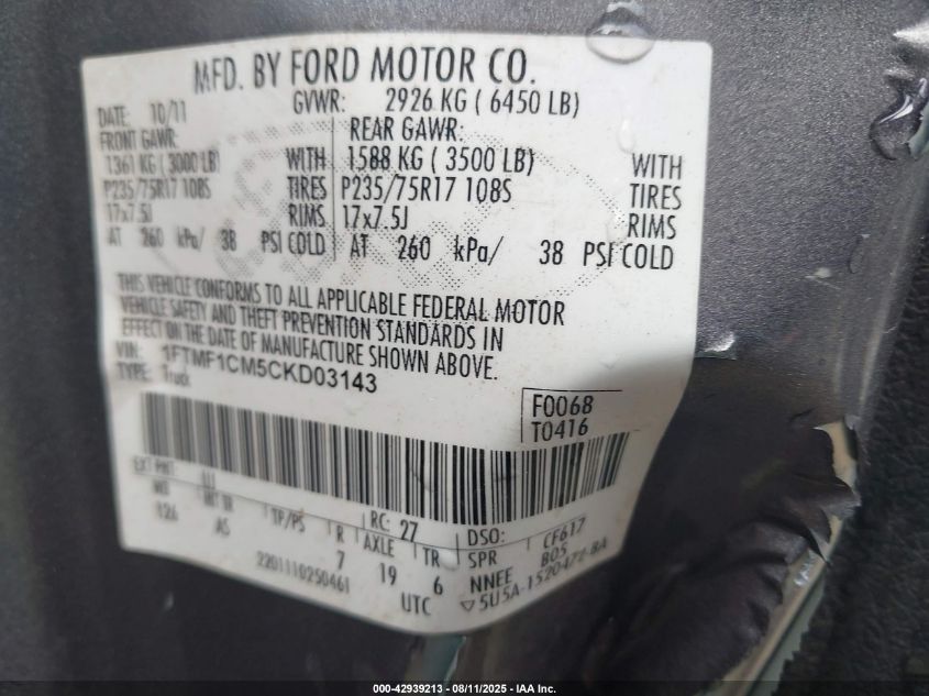 2012 Ford F-150 Xl VIN: 1FTMF1CM5CKD03143 Lot: 42939213